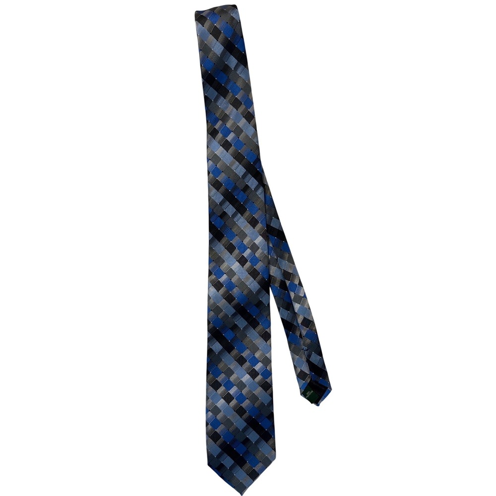 Basic Editions Mens Blue Grey Black Diagonal Plaid Checkered Polyester Necktie